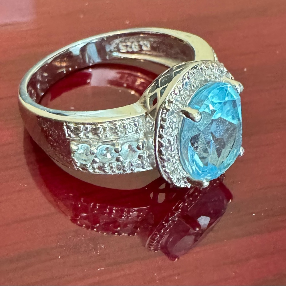 Sterling silver cocktail ring Aquamarine with CZ - Picture 2 of 4